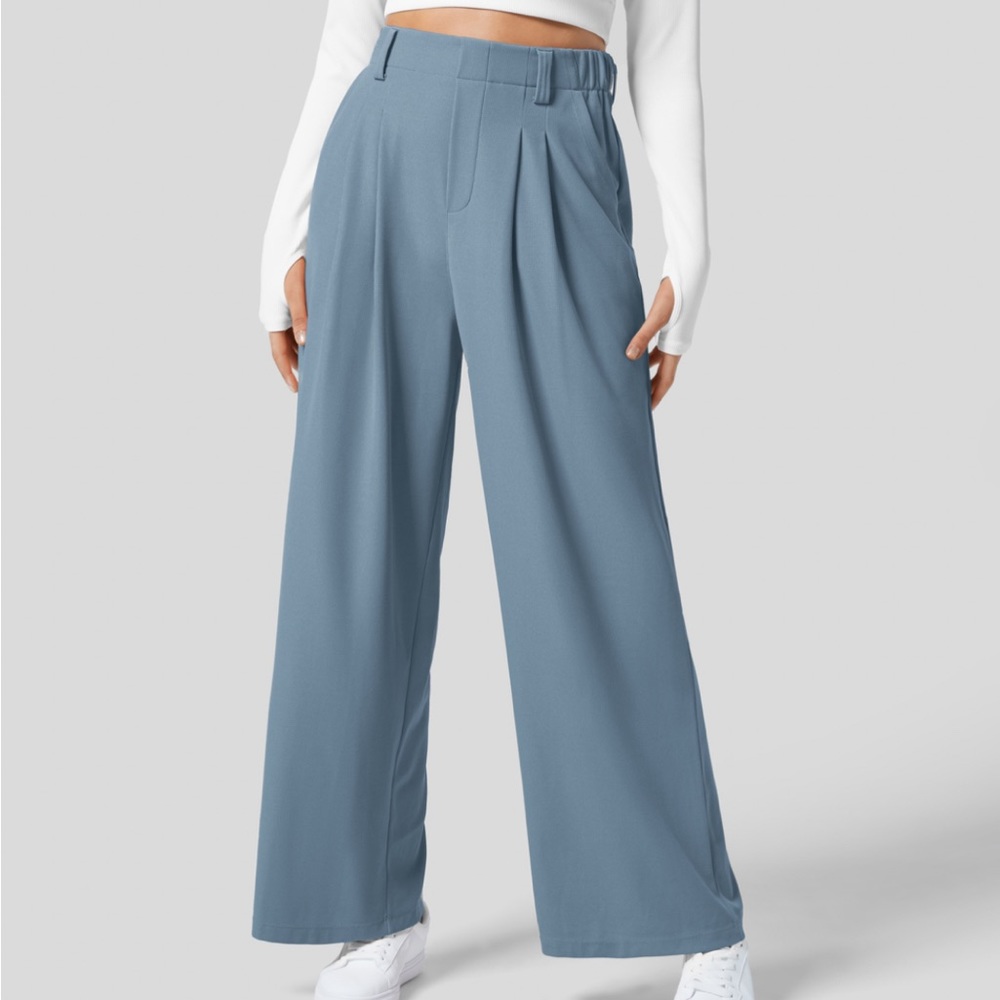 Halara High Waisted Side Pocket Wide Leg Pleated Waffle Pants